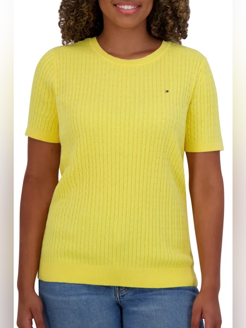 Tommy Hilfiger Banana Yellow Short-Sleeve Cable Knit Tee Size L NWOT